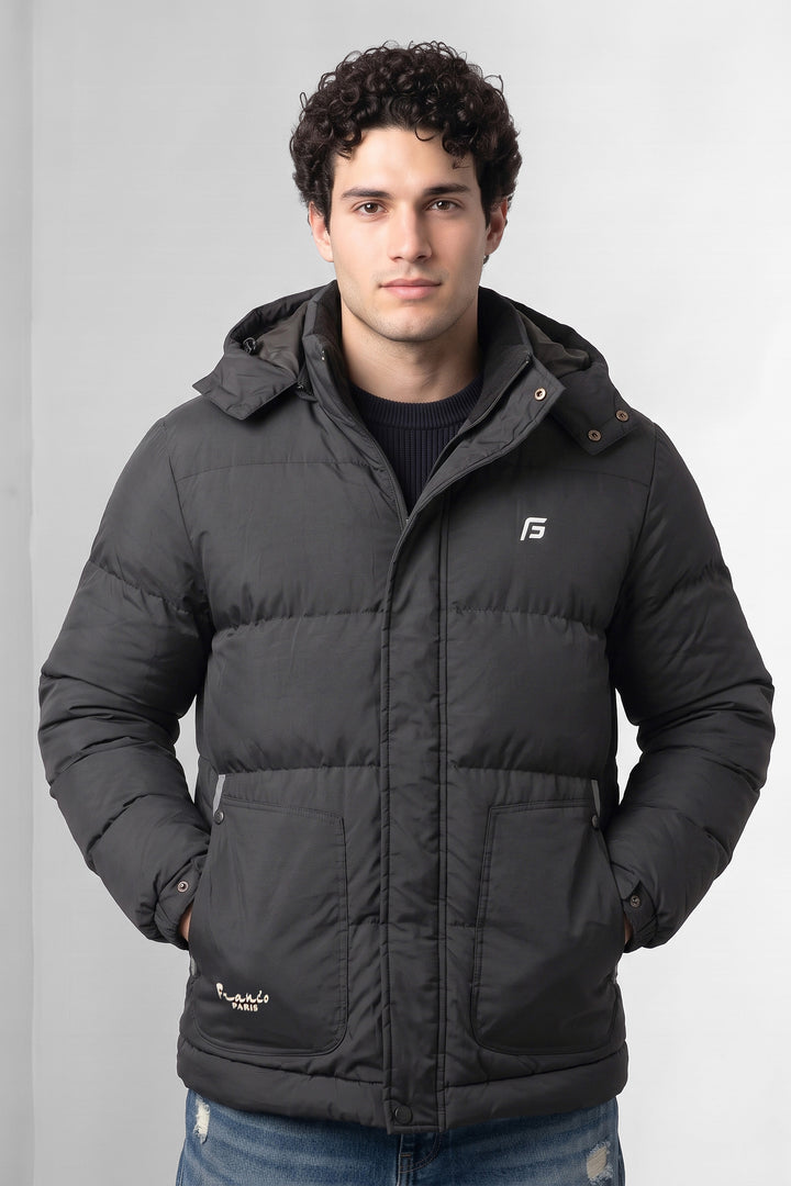Grey Hooded Padded Winter Jacket with Detachable Hood