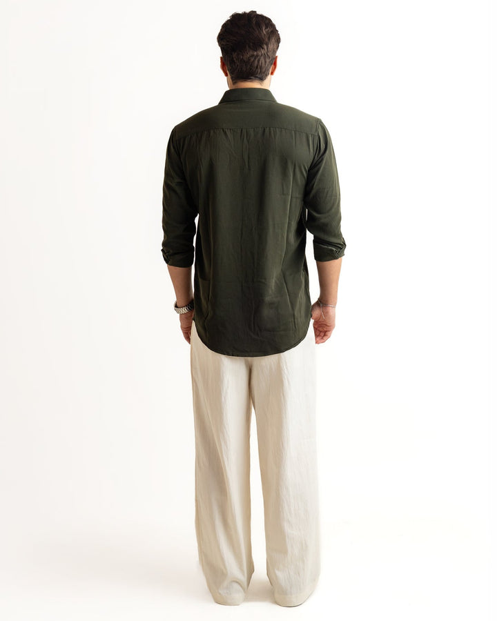 Green Color Bird on Branches Embellished Shirt