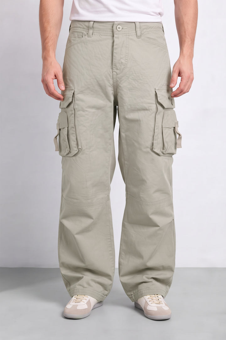 Light Grey Men 6 Multi Pocket Cotton Cargo Trousers