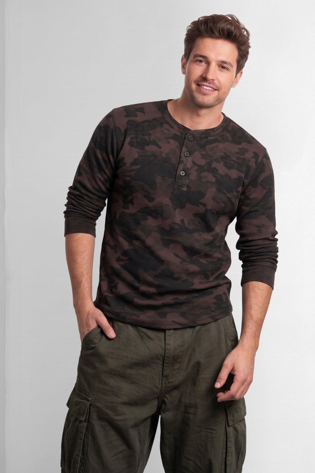 Grey Multi Self Waffle Knit Henley T-Shirt