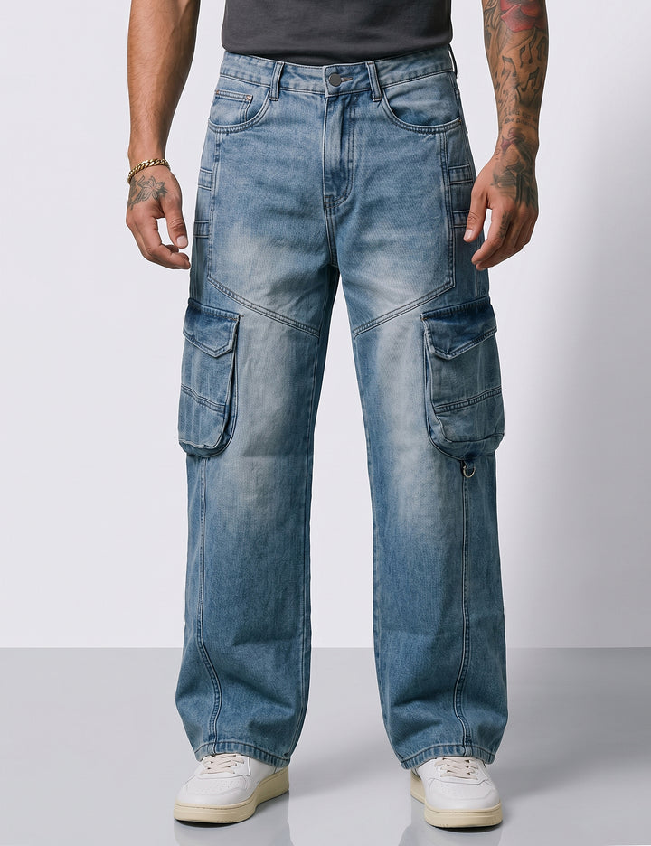 Grey Blue Men Pocket Denim Cargo