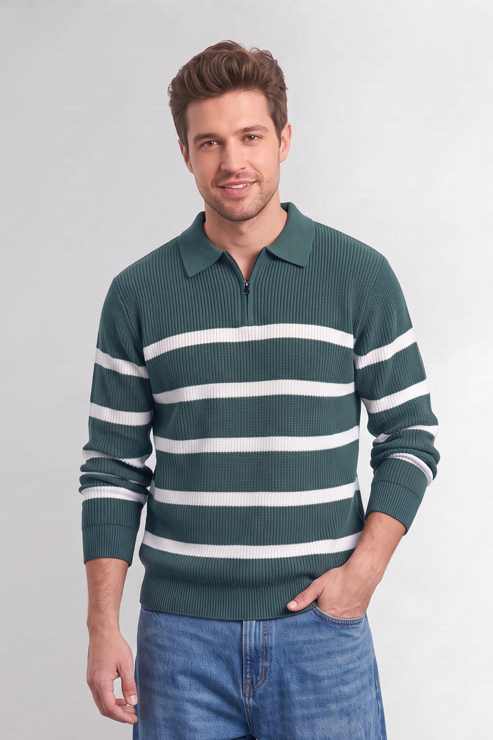 Green Men Regular Fit Flat Knit Striped Collar Neck Pullover