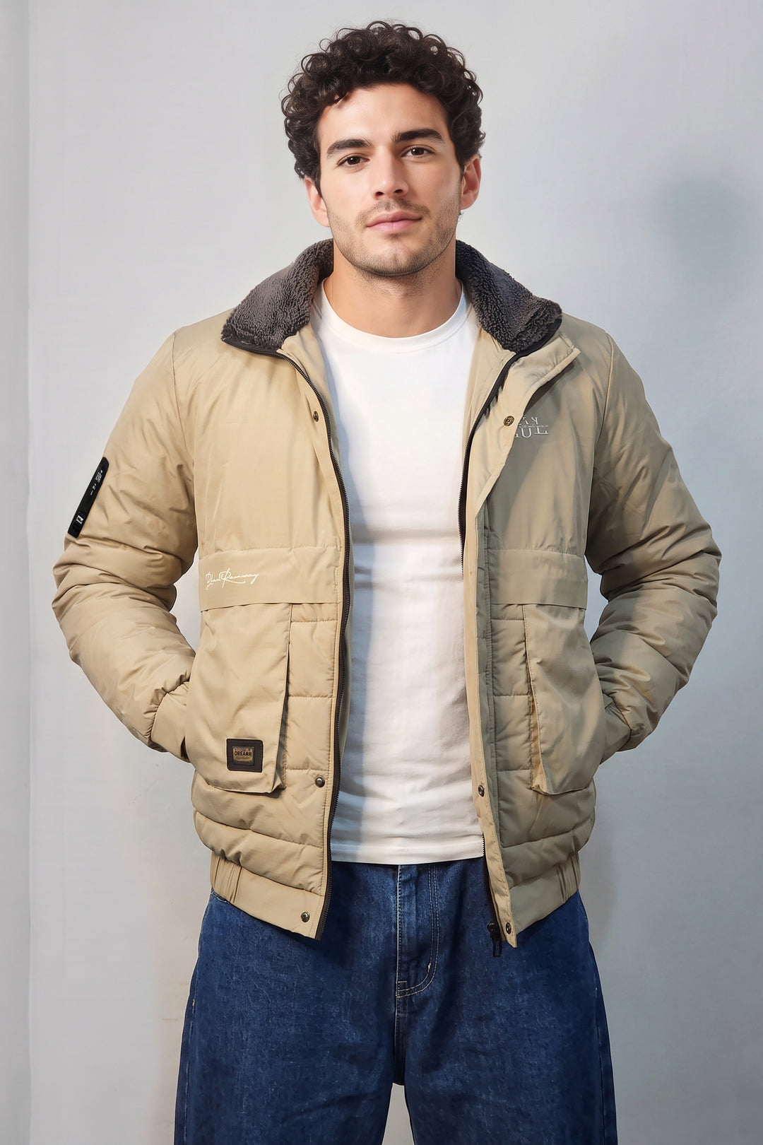 Cream Quilted Puffer Jacket with Sherpa Collar Full-Zip Winter Jacket