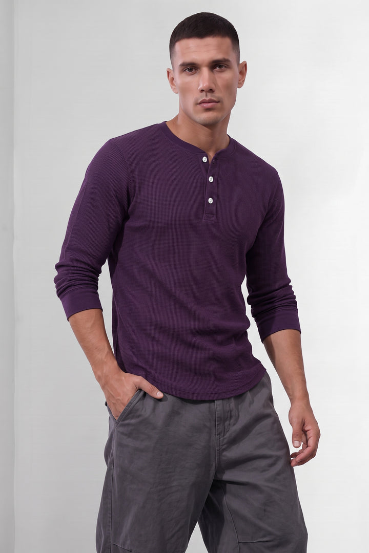 Purple Self Waffle Knit Henley T-Shirt
