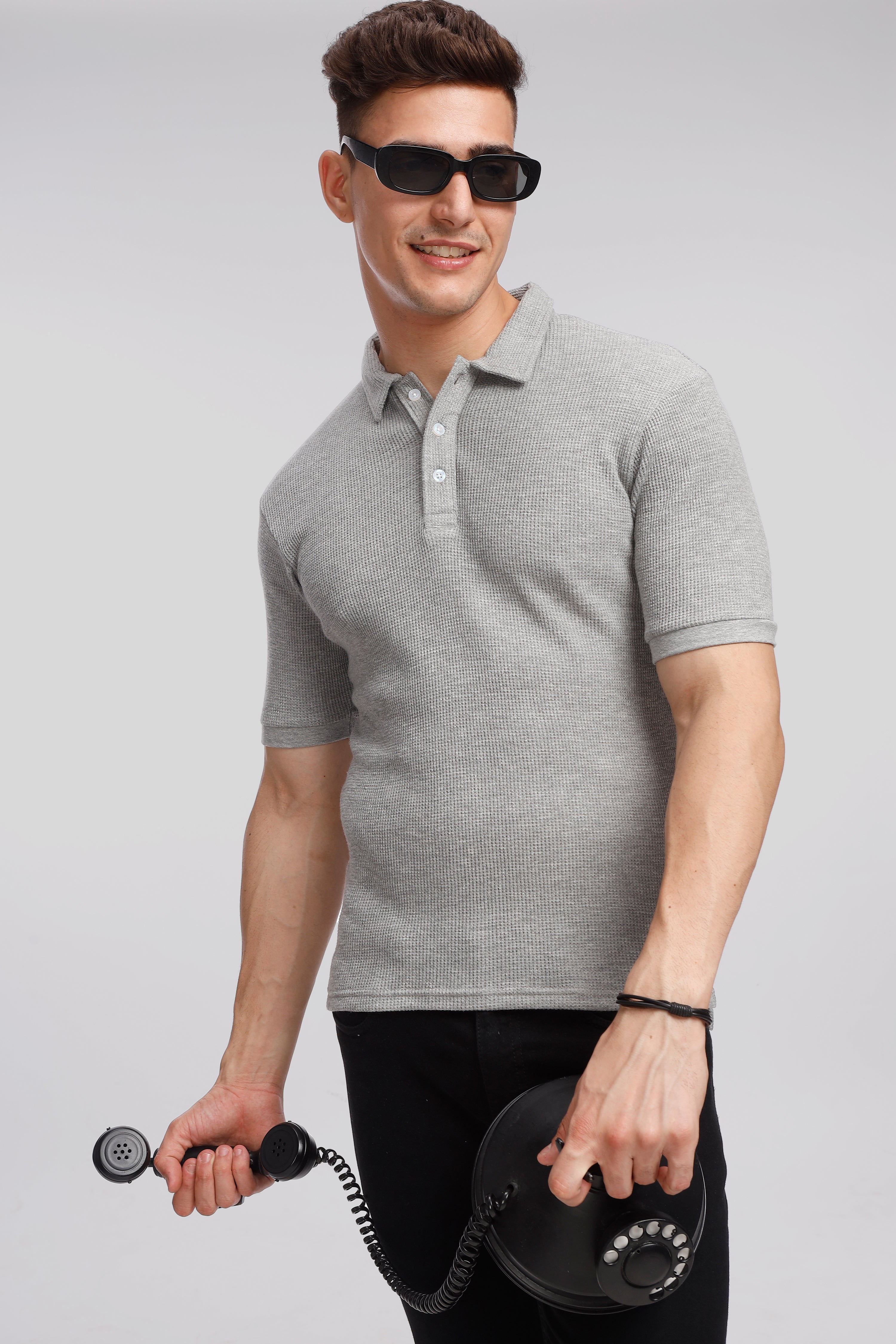 Grey Melange Waffle Knit Polo T-Shirt