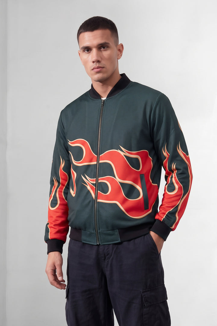 Black Fire Printed Regular Fit Bomber Jacket