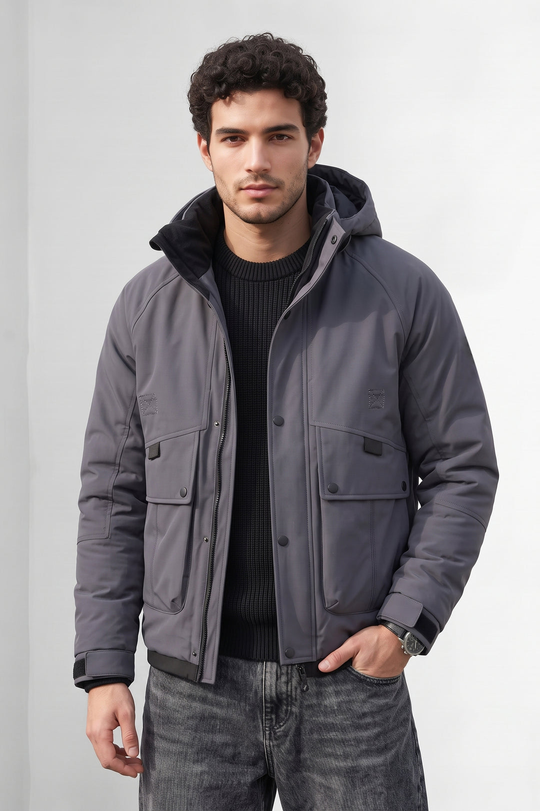 Light Purple Quilted Hooded Heavy Winter Jacket with Utility Pockets