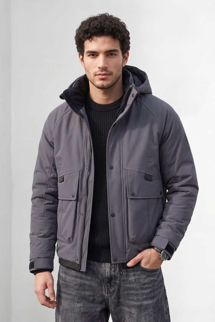Light Purple Quilted Hooded Heavy Winter Jacket with Utility Pockets