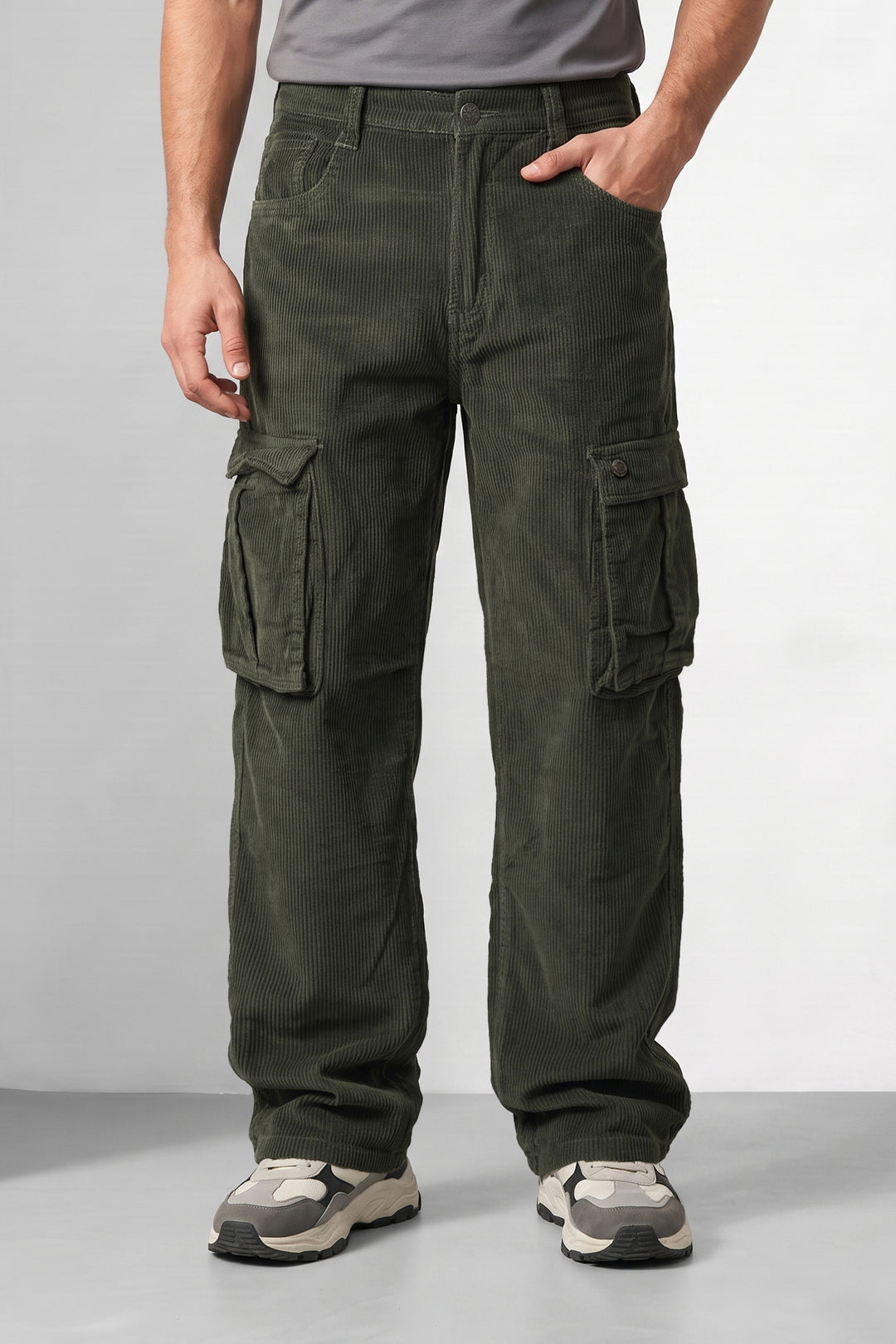 Olive Premium Corduroy Multi-Pocket Cargo Trousers