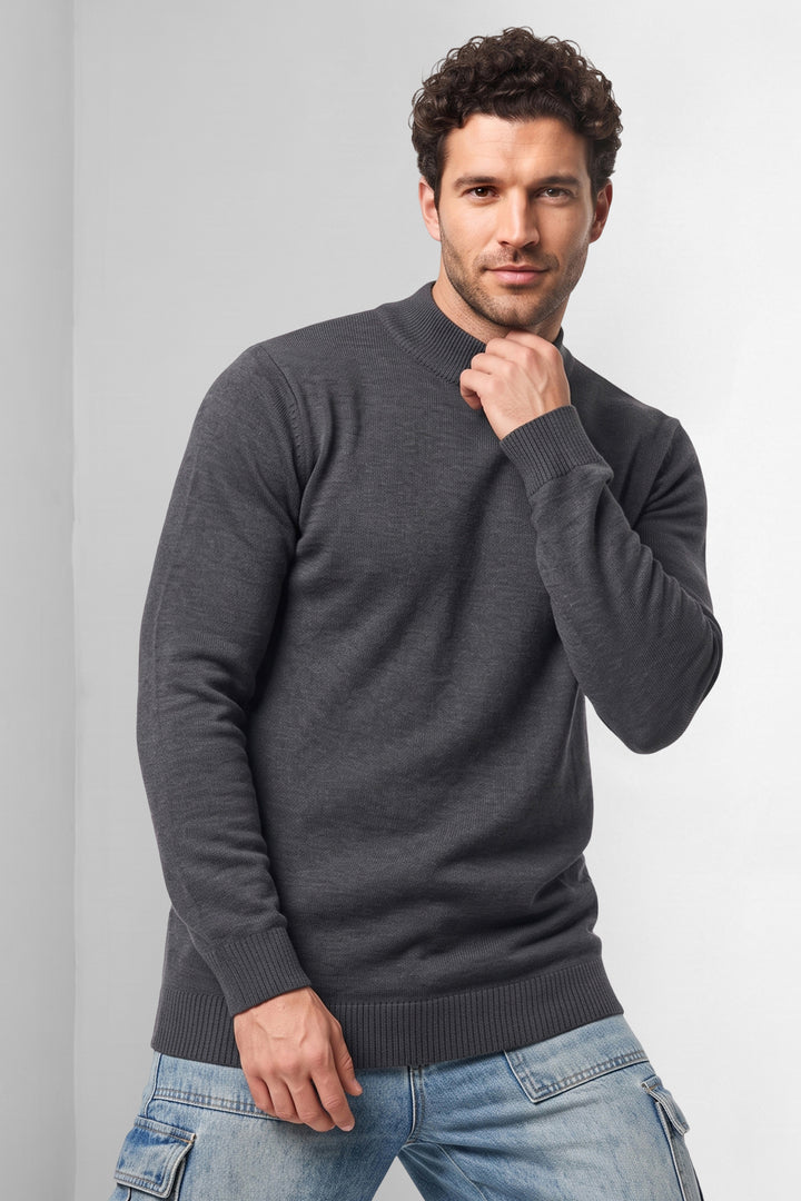 Dark Grey Solid Mock Neck Full Sleeve Fine-Knit Sweater