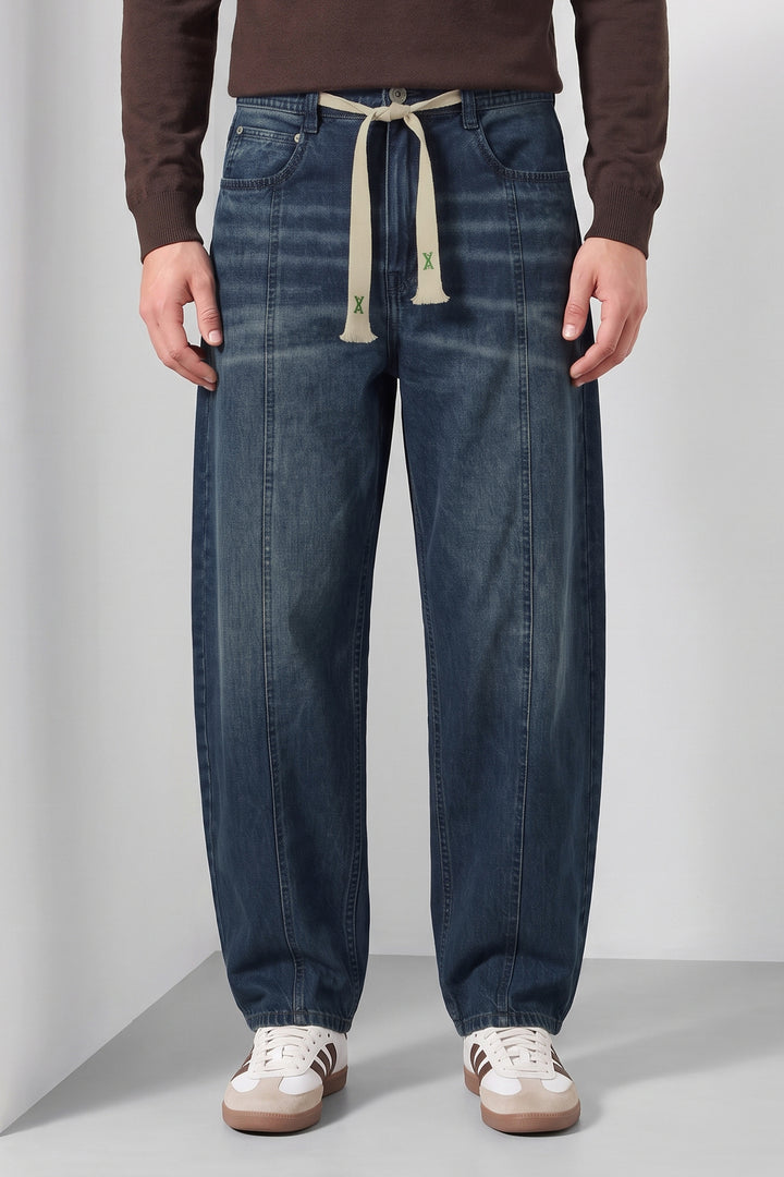Blue Barrel Fit Denim Jeans with Contrast Drawstring Detail