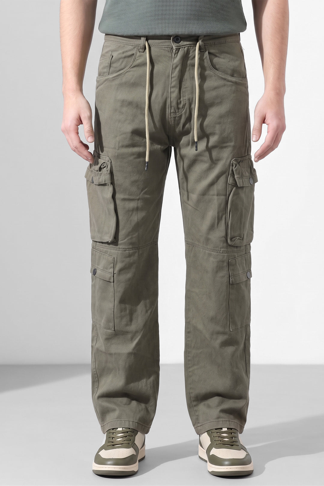 Light Green Mens Solid 8-Pocket Cotton Cargo Pant
