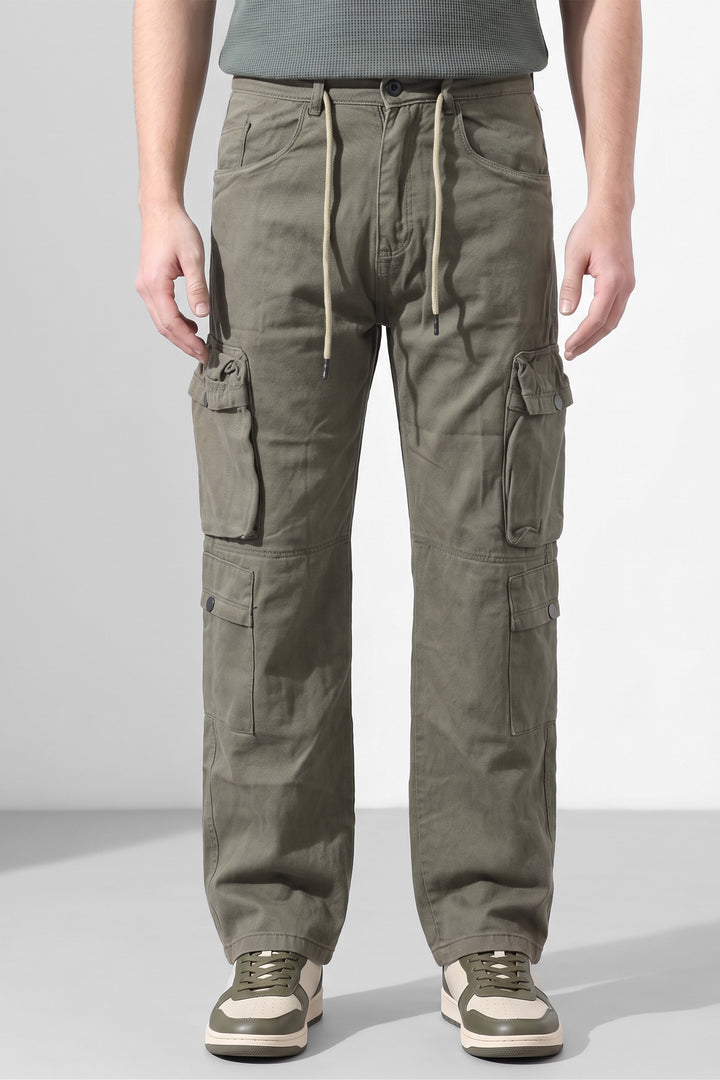 Light Green Mens Solid 8-Pocket Cotton Cargo Pant