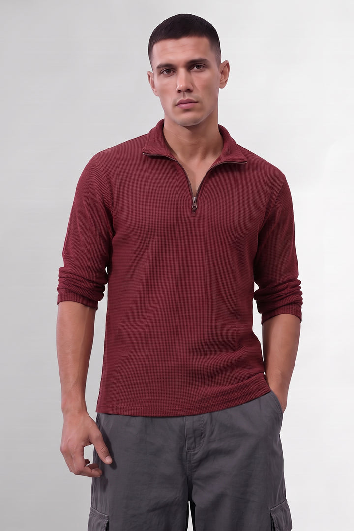 Maroon Self Design Zipper T-Shirt