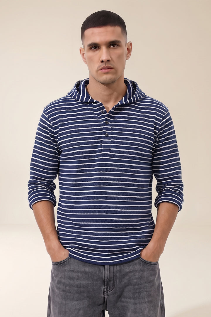 Navy Blue Full Sleeve Striped Hooded T-Shirt