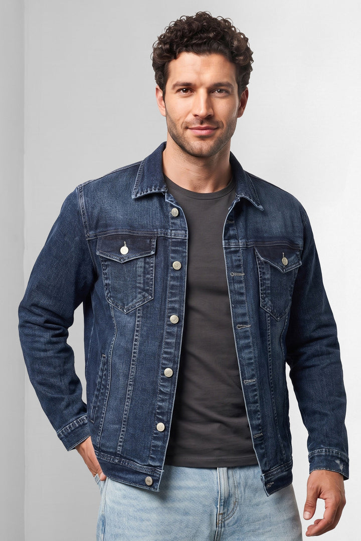 Navy Classic Denim Trucker Jacket with Button Closure