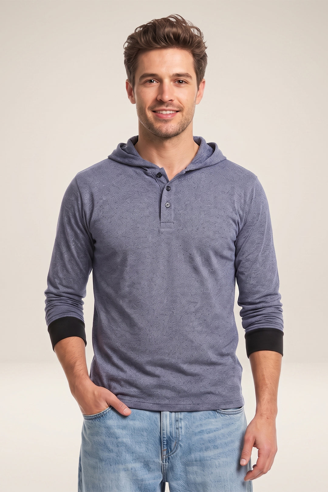 Grey Hooded Full Sleeve Cotton T-Shirt