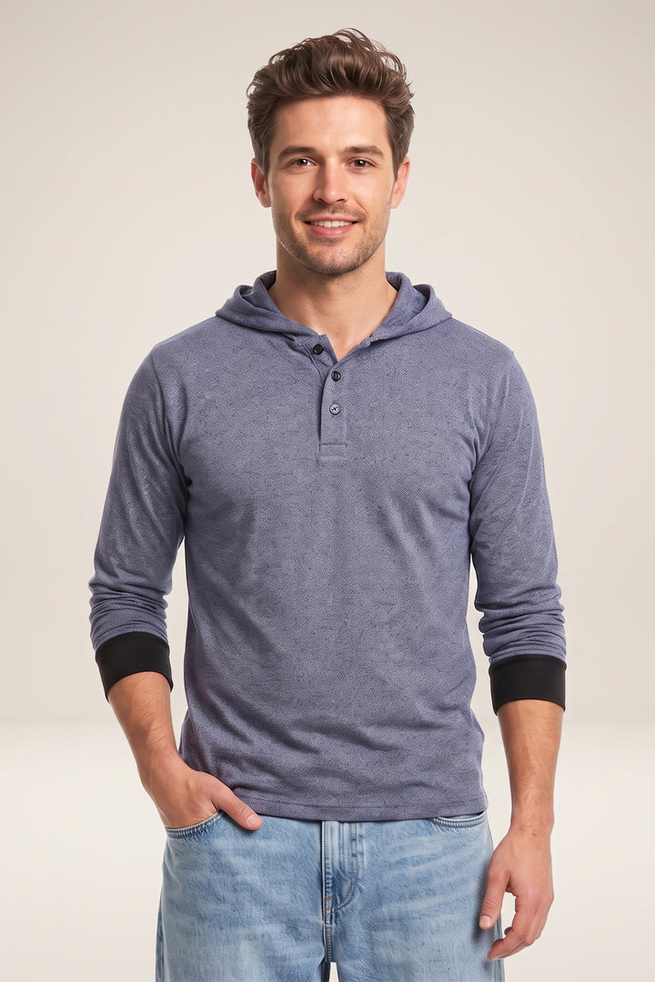 Grey Hooded Full Sleeve Cotton T-Shirt