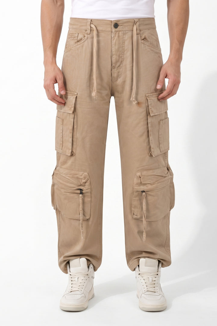 Gritstones Men's Beige Utility 10 Pocket Cargo Pants