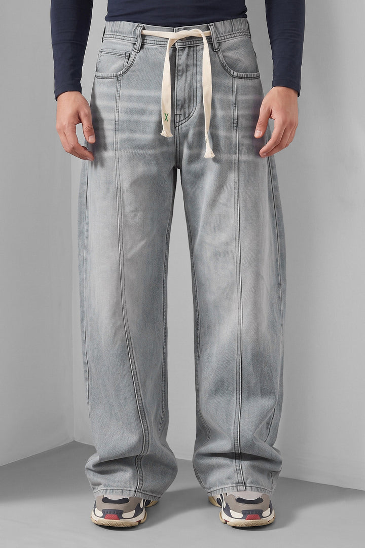 Light Blue Barrel Fit Denim Jeans with Contrast Drawstring Detail