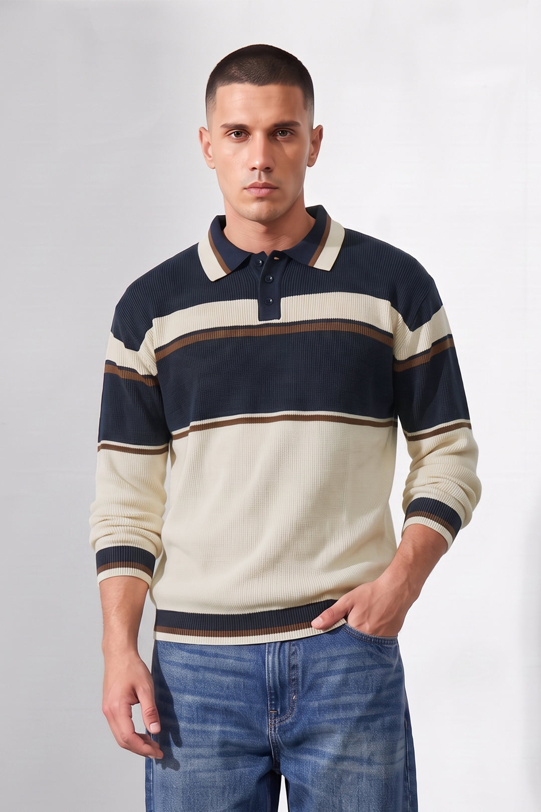 Navy White Men Regular Fit Flat Knit Striped Polo Neck Pullover