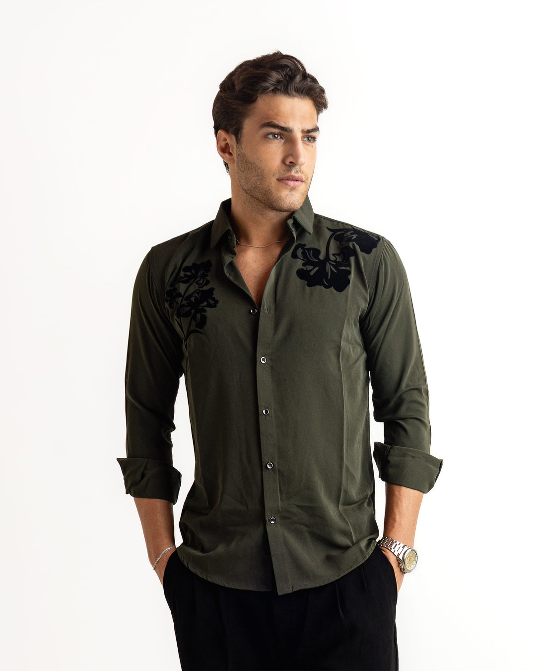 Olive Flocking Flowy Japanese Shirt
