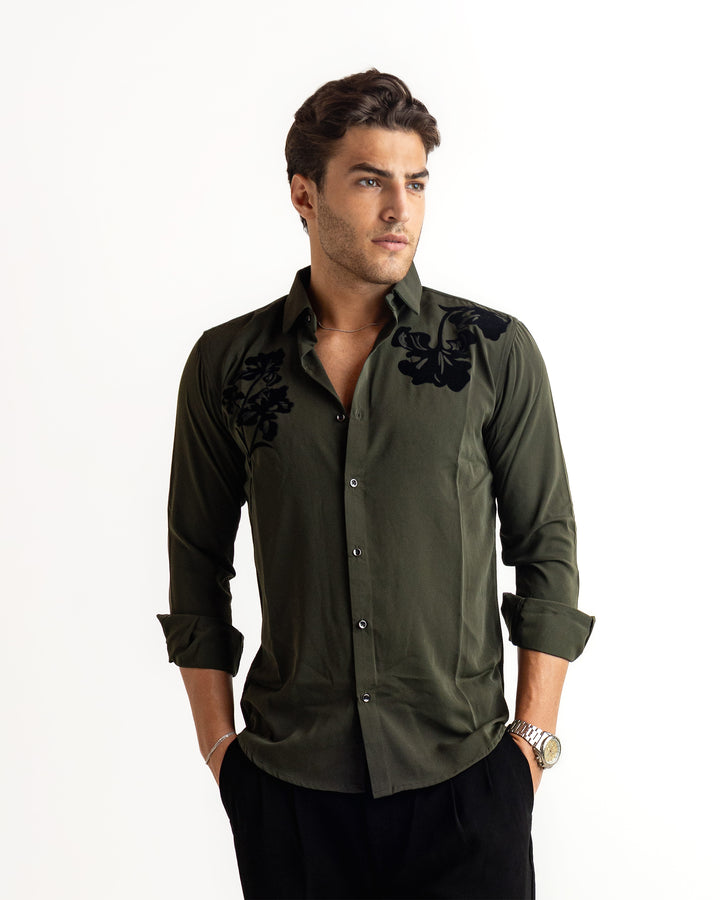 Olive Flocking Flowy Japanese Shirt