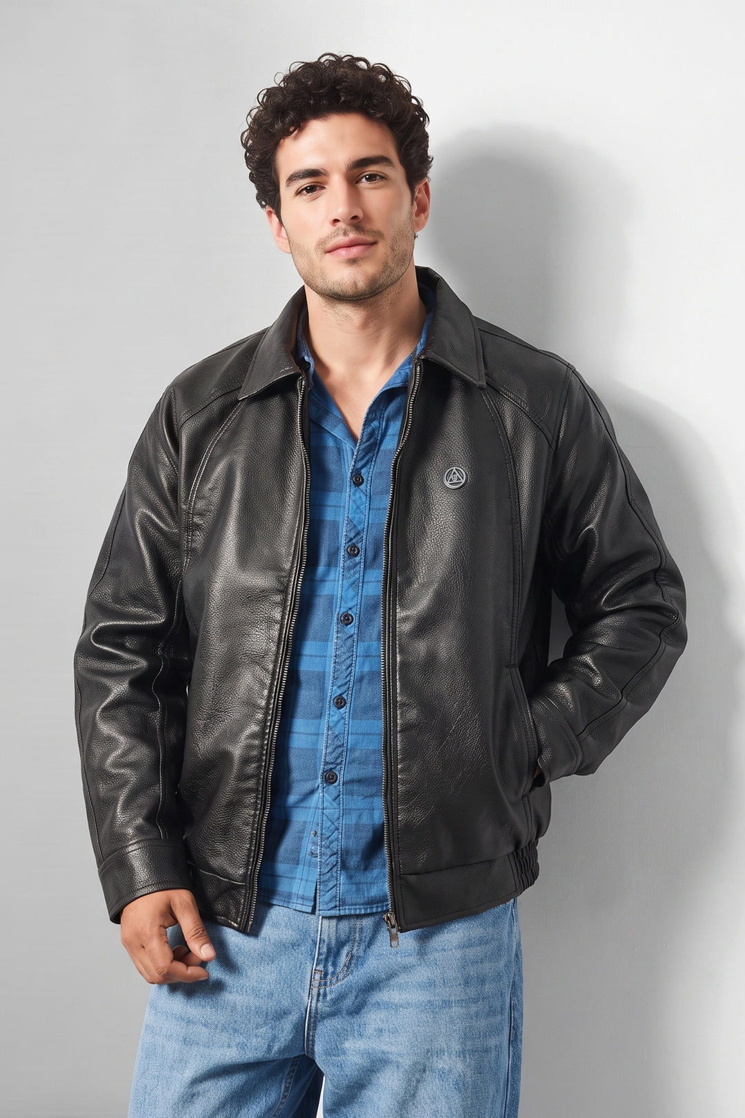 Black Textured Faux Leather Zip-Front Jacket