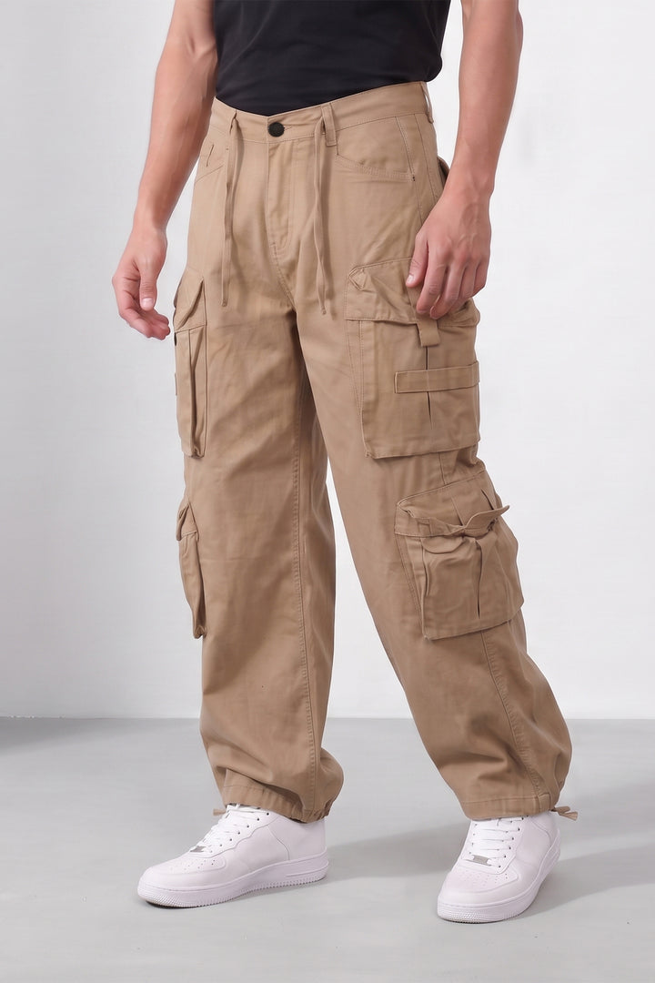 Brown Mens Solid 8-Pocket Cotton Cargo Pant