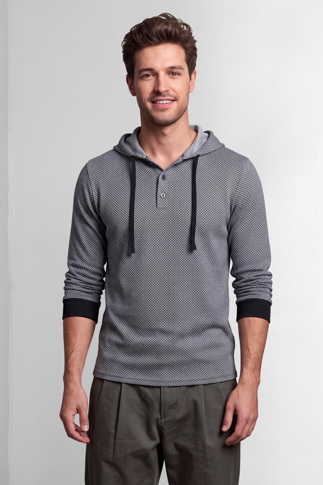 Grey Black Self design Placket Hooded T-Shirt