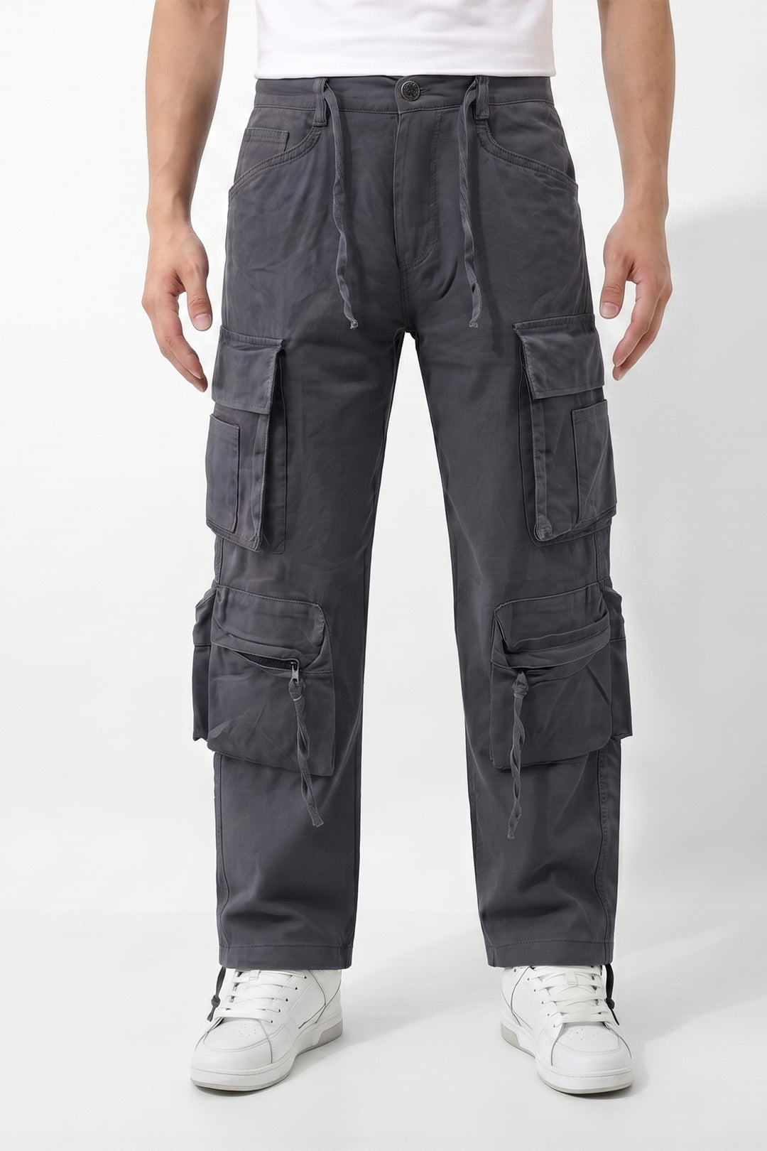 Gritstones Men's Steel Grey Utility 10 Pocket Cargo Pants