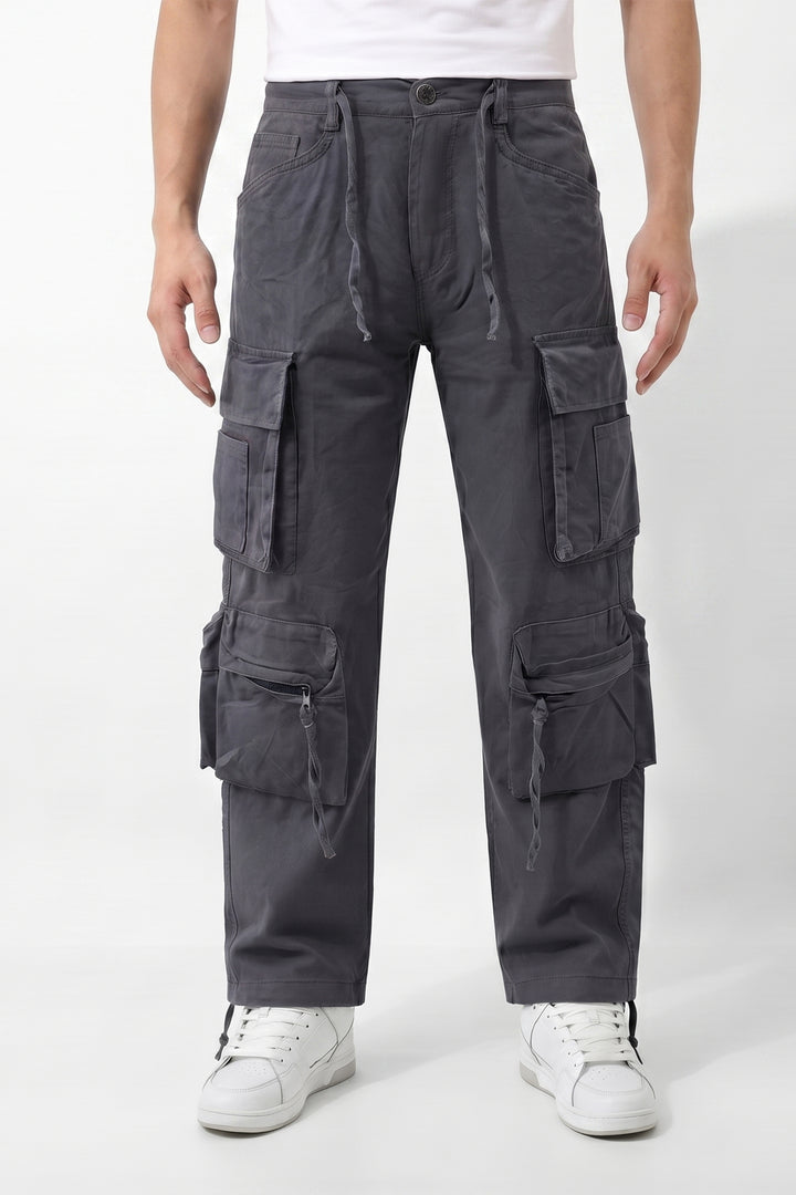 Gritstones Men's Steel Grey Utility 10 Pocket Cargo Pants