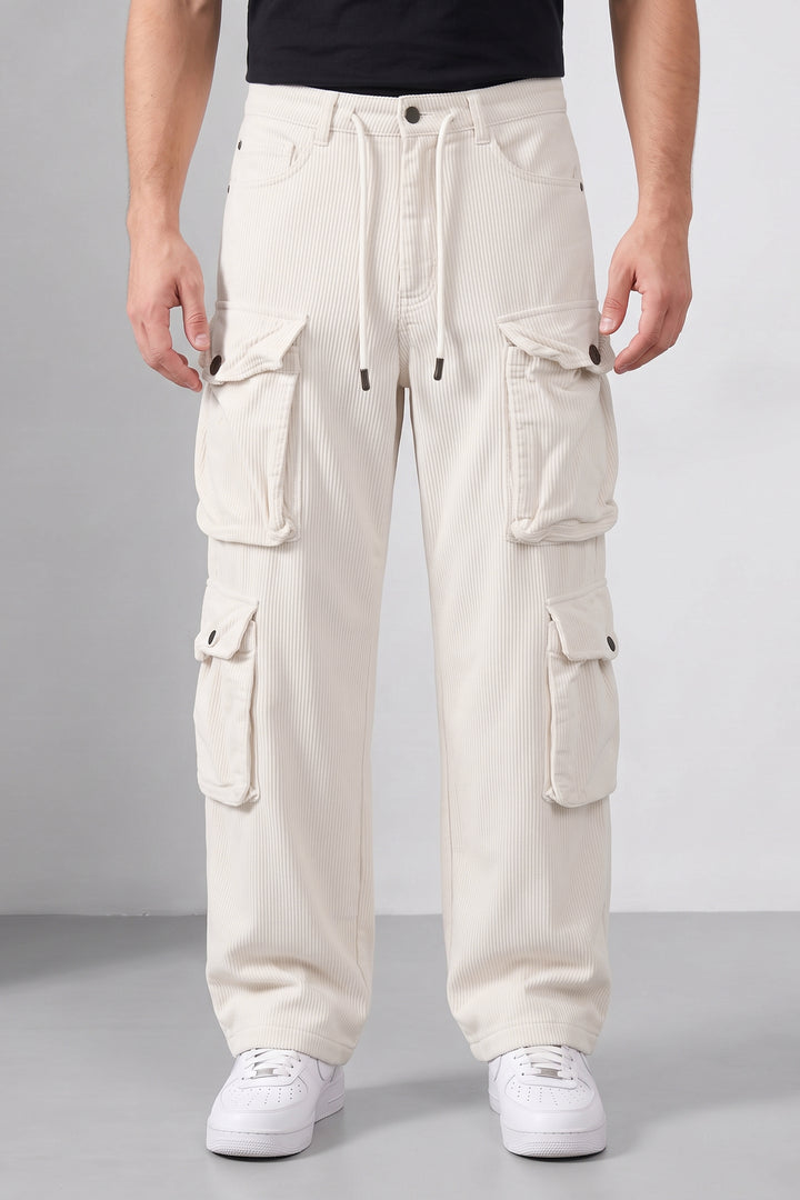 Cream Men 8 Multi Pocket Coudroy Cargos