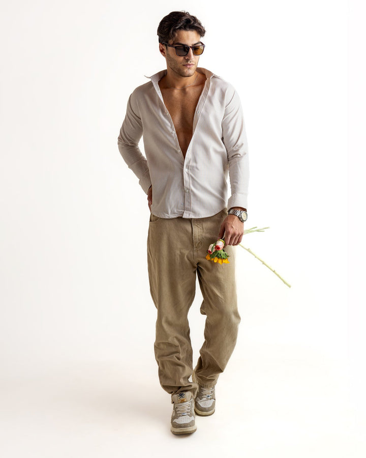 Cream Striped Full Sleeve Cotton Shirt