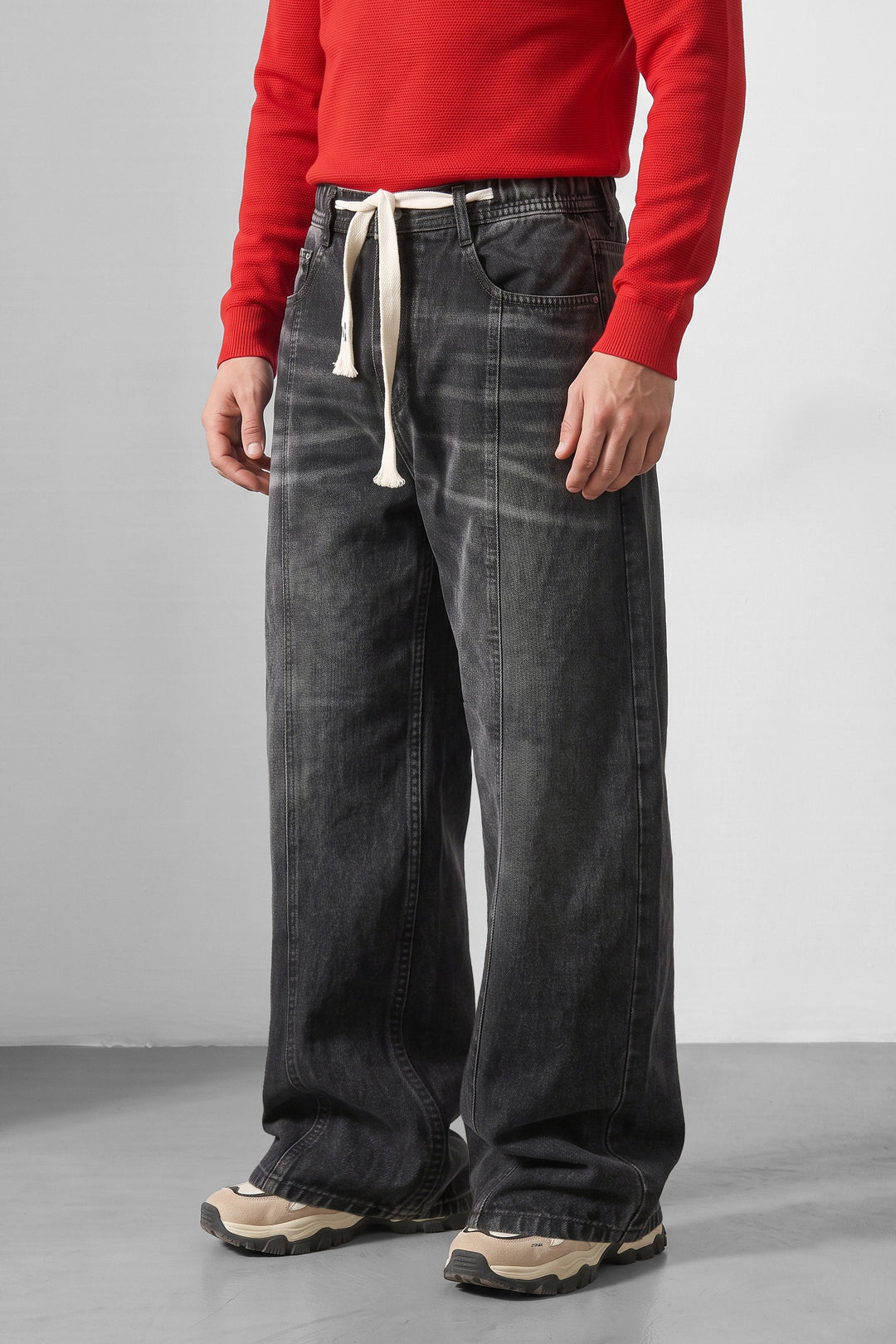 Black Barrel Denim Jeans with Contrast Drawstring Detail