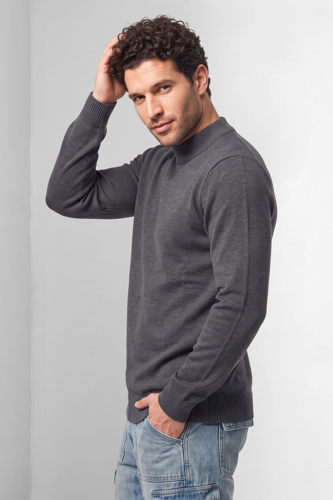 Dark Grey Solid Mock Neck Full Sleeve Fine-Knit Sweater