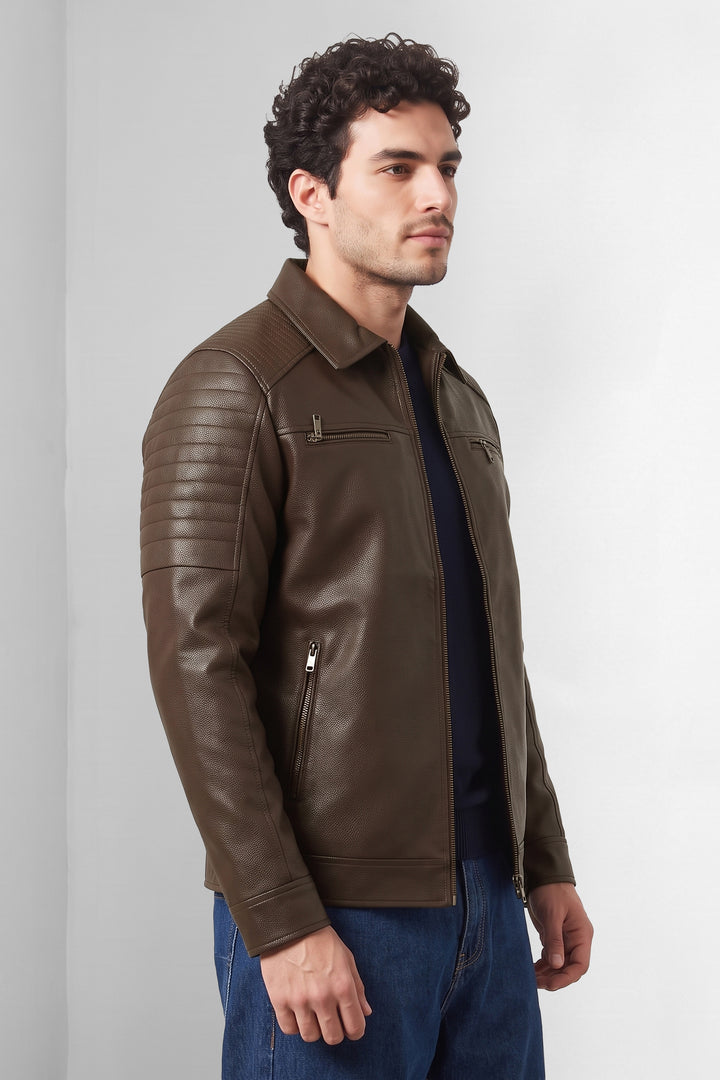 Brown Structured Textured Leather-Style Jacket