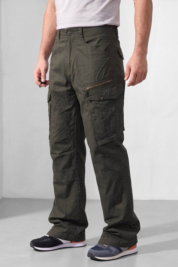Olive Green Premium Utility Cargo Trousers with 6-Pocket Design