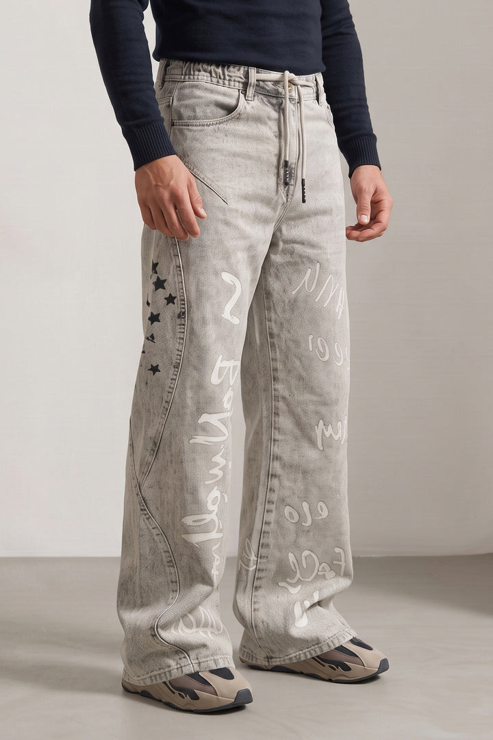 Light Grey Typographic Barrel Denim Jeans with Contrast Drawstring Detail