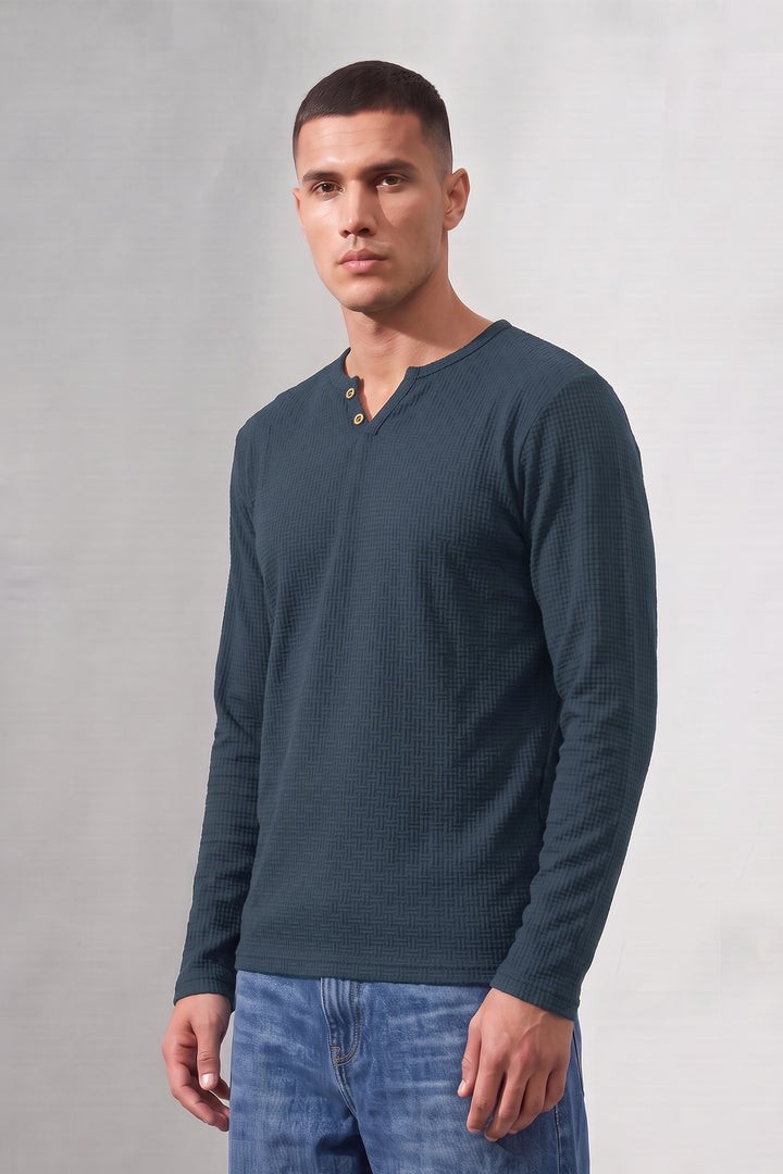 Navy Blue Cotton Knit Full Sleeve Henley T-Shirt