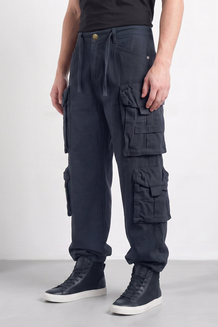Black Mens Solid 8-Pocket Cotton Cargo Pant
