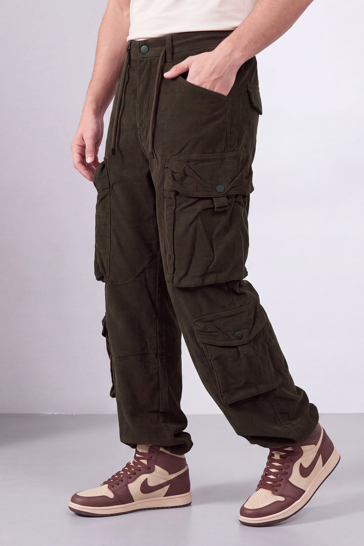 Coffee Brown Men 8 Multi Pocket Coudroy Cargos