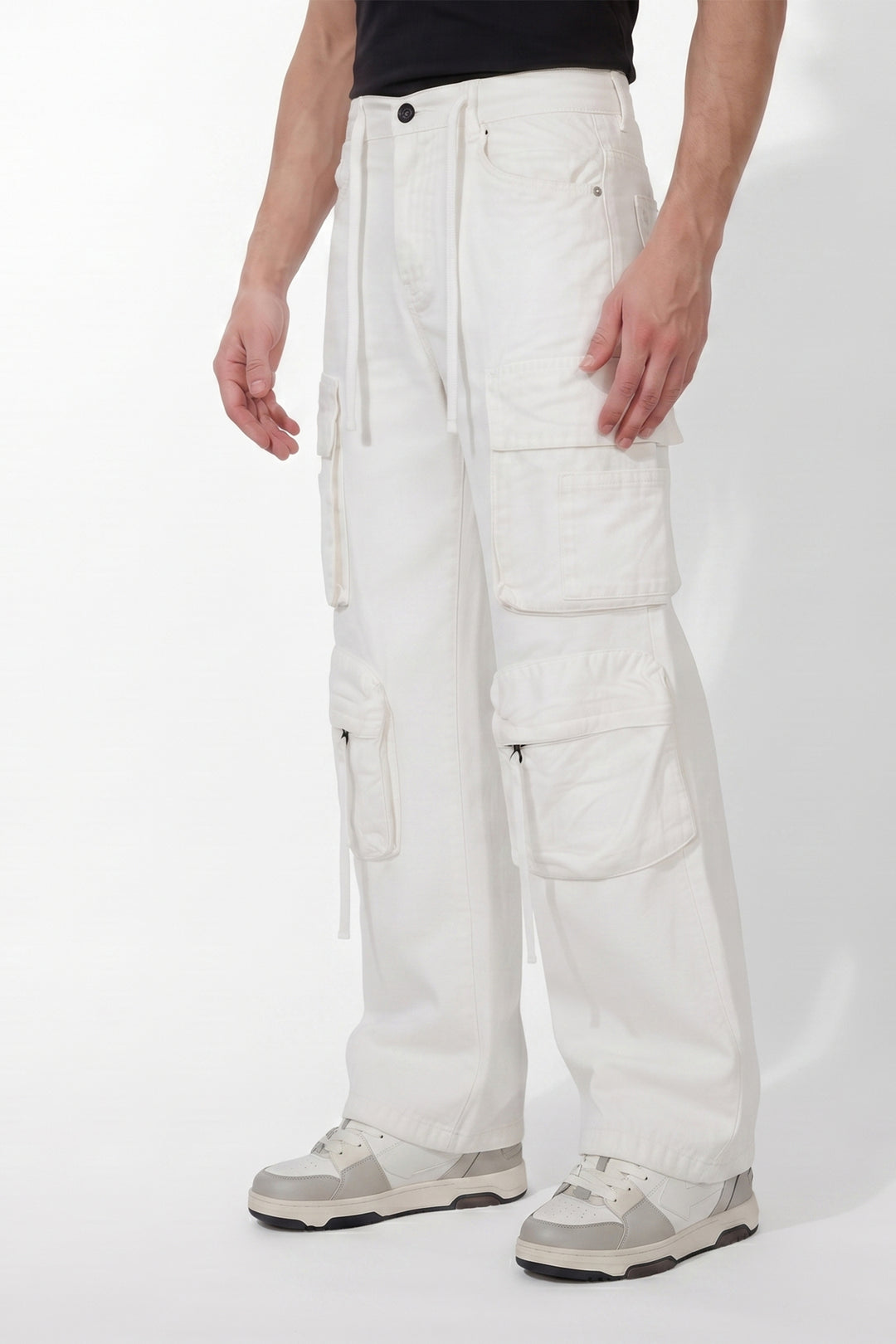 Gritstones Men's White Utility 10 Pocket Cargo Pants