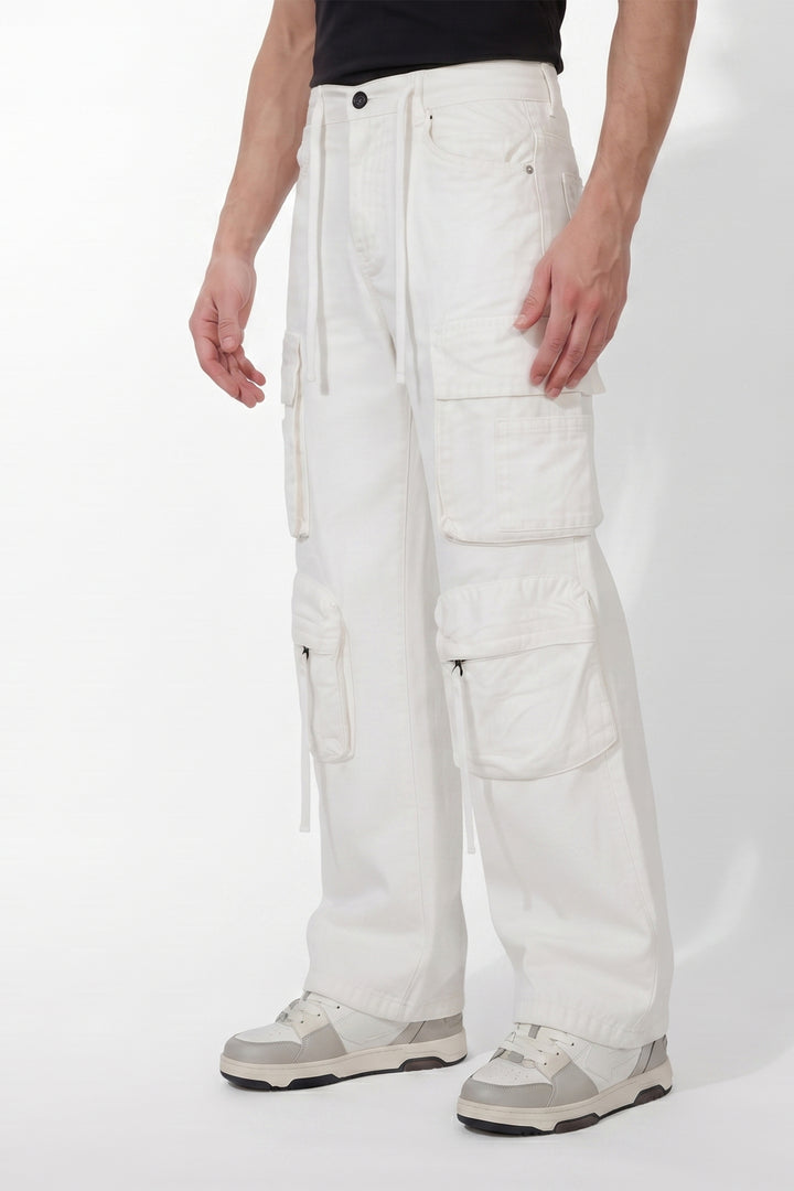 Gritstones Men's White Utility 10 Pocket Cargo Pants