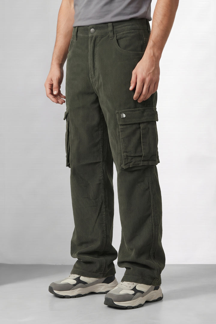 Olive Premium Corduroy Multi-Pocket Cargo Trousers