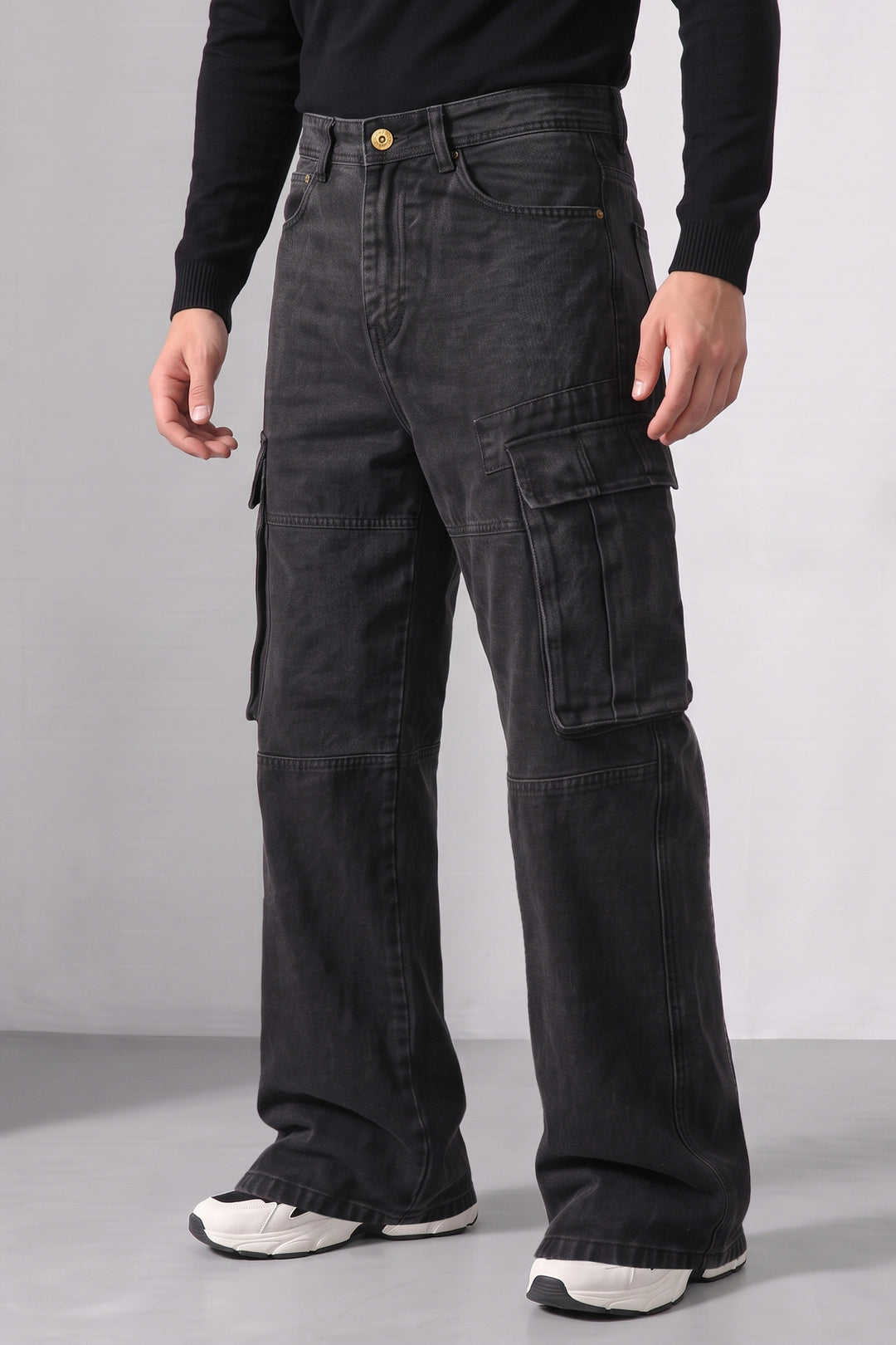 Black Baggy Denim Cargo with Multi-Pocket Utility Design