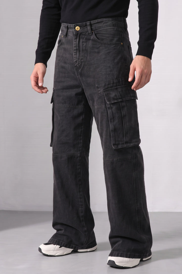 Black Baggy Denim Cargo with Multi-Pocket Utility Design