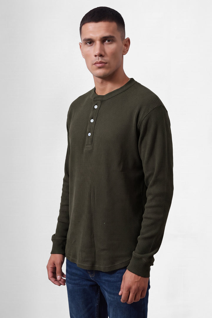 Olive Men’s Waffle Knit Henley T-Shirt | Full Sleeve Textured Casual Top | Button Placket Regular Fit Shirt for Casual & Everyday Wear