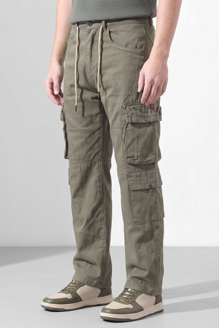 Light Green Mens Solid 8-Pocket Cotton Cargo Pant