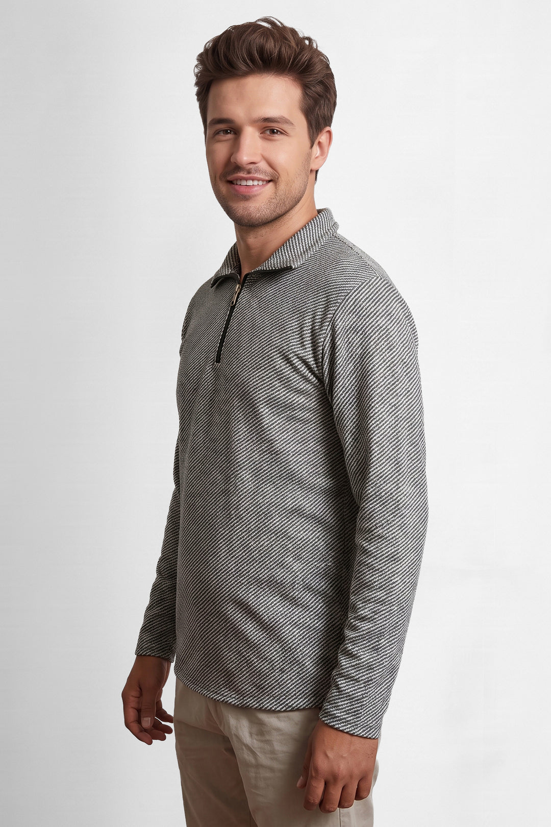 Black Silver Self Design Zipper T Shirt